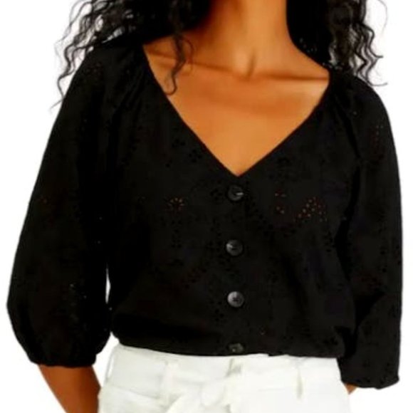 SANCTUARY Cotton Modern Eyelet Top, Xxs/Black - Picture 1 of 2